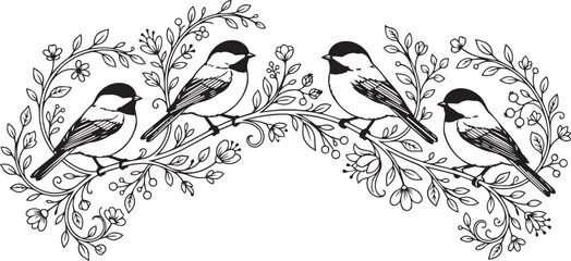 Four chickadees perched on a delicate floral branch during springtime in a clean vector silhouette style © MST MEHENAJ