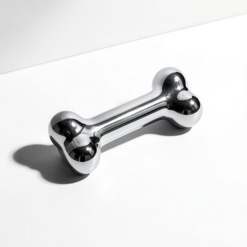 shiny metallic silver bone shaped object casting a soft shadow on a clean white background