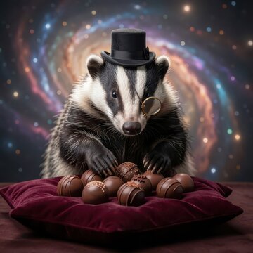 dapper badger wearing a top hat sitting with chocolate truffles against a vibrant cosmic nebula background
