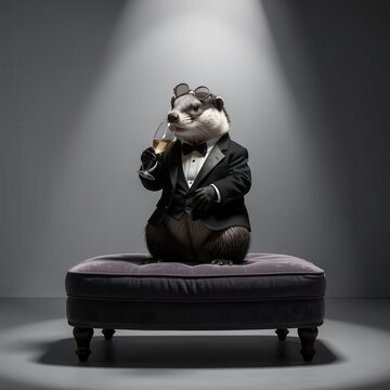 an anthropomorphic badger wearing a formal black tuxedo and bow tie sitting calmly under a bright spotlight