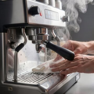 hands of a barista wiping and preparing a modern metal espresso coffee machine with rising white steam