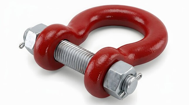 Red heavy duty shackle with pin and cotter pin on white background.