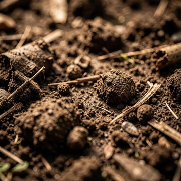 Detailed close up view of rich dark organic garden soil with small twigs and pebbles.