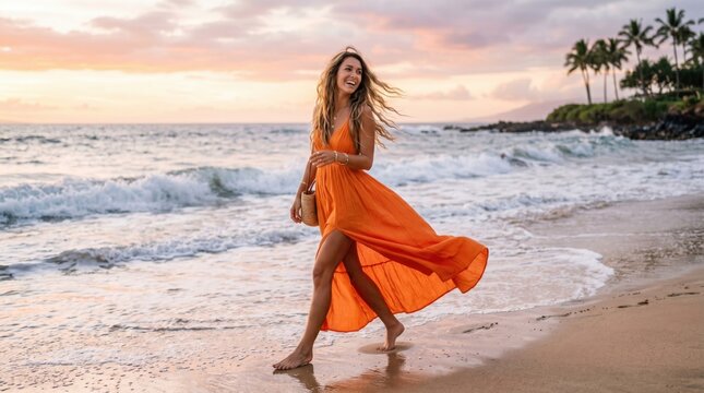 Joyful woman in vibrant orange maxi dress walking barefoot on tropical beach during sunset golden hour, with crashing ocean waves and palm trees; ideal for summer travel and lifestyle ads.