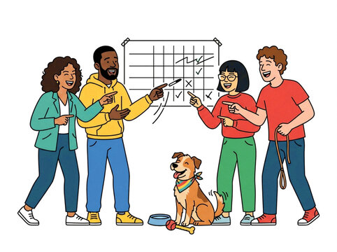 Diverse Group of People Collaborating with Dog in Office Environment.