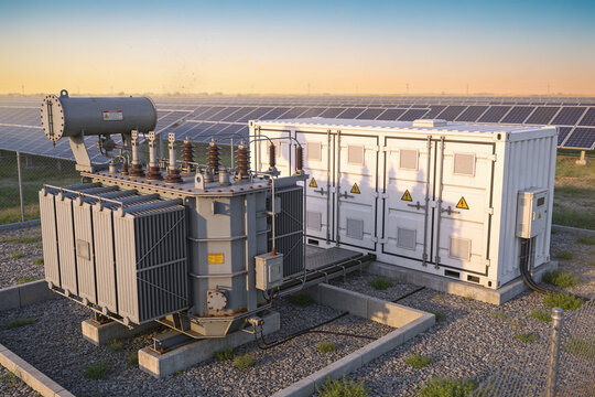Industrial electrical transformer and battery storage unit at solar farm