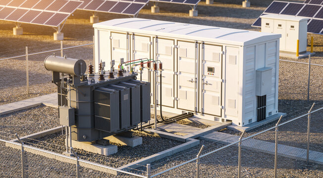 Industrial solar power station with transformer and battery storage container