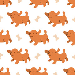 Obraz premium Cute dachshund dog and bone seamless pattern, happy puppy cartoon repetitive background on white
