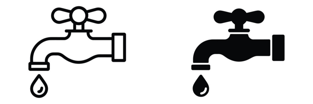 Water tap icon set with outline and filled versions, plumbing graphics, faucet symbols, bathroom fixture, kitchen sink, and vector illustration