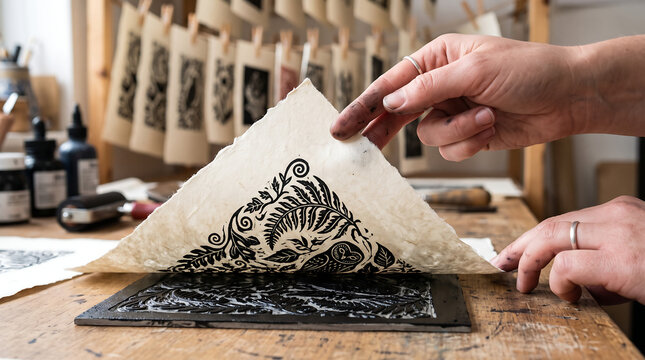 Close up of artist hands carefully peeling a handmade paper sheet to reveal a black ink linocut owl print from a carved block in a creative printmaking workshop studio