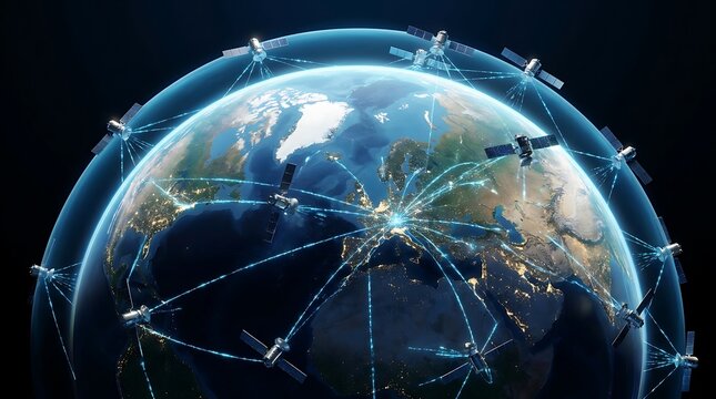 Global satellite network orbiting Earth. Digital communication system connecting the planet.