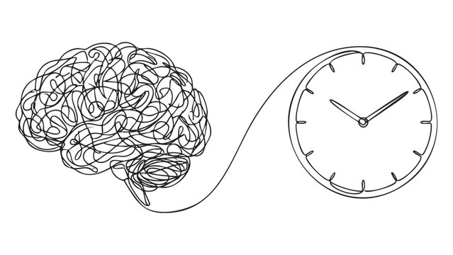 Abstract Continuous Line Art Drawing Featuring A Messy Scribbled Human Brain Connected To A Minimalist Analog Clock Face Symbolizing Psychology