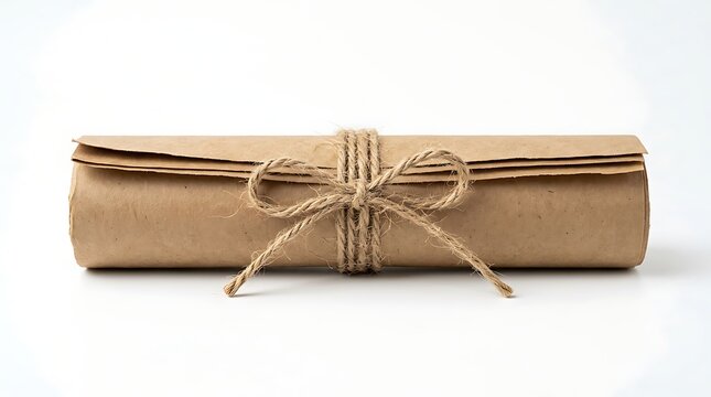 Brown paper roll tied with twine isolated for eco-friendly packaging projects.