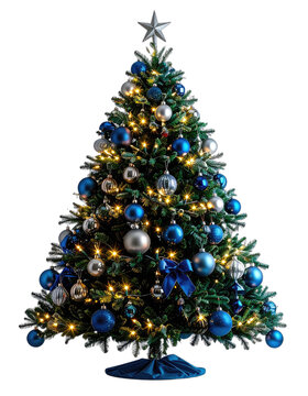 A beautifully decorated Christmas tree with blue and silver ornaments glows with warm lights against a black background.