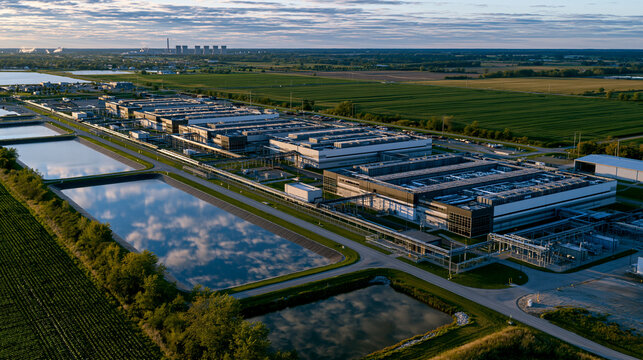 Aerial view of a large modern data center complex surrounded by rural countryside, reflective drainage ponds, neatly arranged server buildings, access roads, utility infrastructure, green fields ext