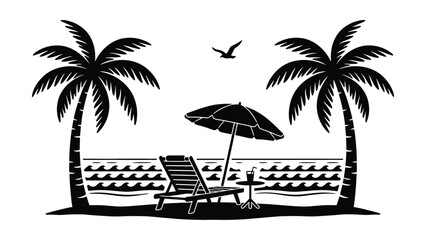 Obraz premium Black and white beach scene with palm trees and lounge chair by the ocean waves
