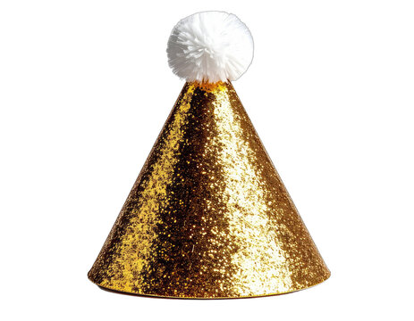 A shimmering golden party hat with a white pompom sits against a black background.