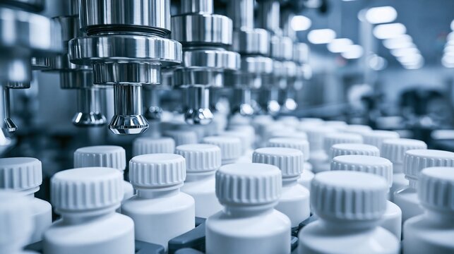 Row of medical pill bottles on conveyor in pharmaceutical factory