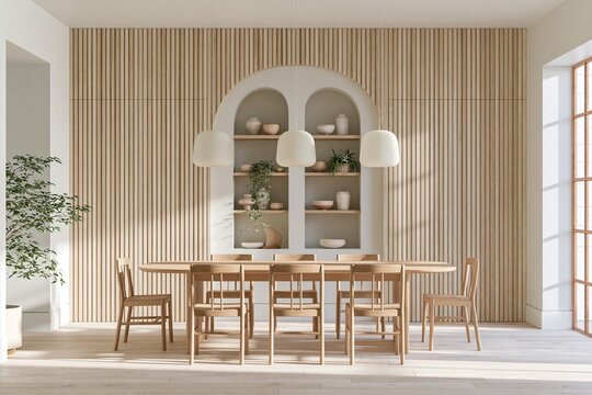 Modern dining room interior with elegant wooden furniture and shelves