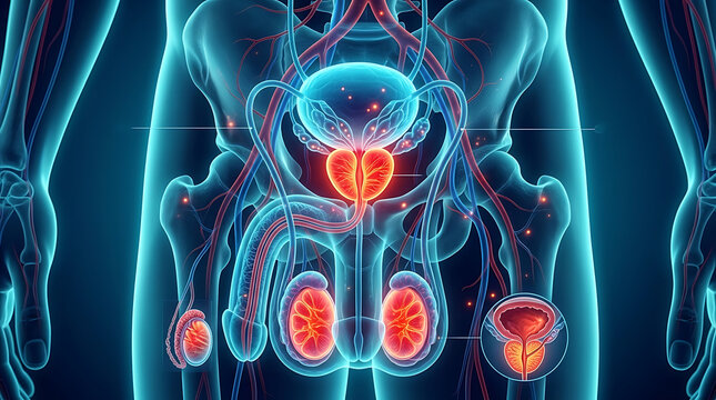 Detailed anatomical cross-section illustration of the male reproductive system showing testes, vas deferens, and prostate gland