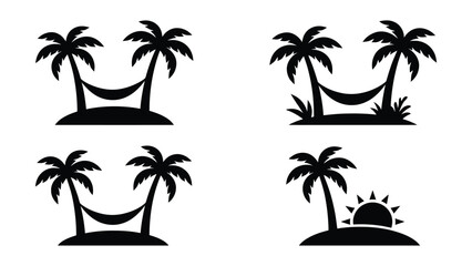 Black silhouettes of palm trees and hammocks on white background © NasimaAktar
