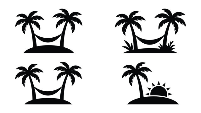 Black silhouettes of palm trees and hammocks on white background