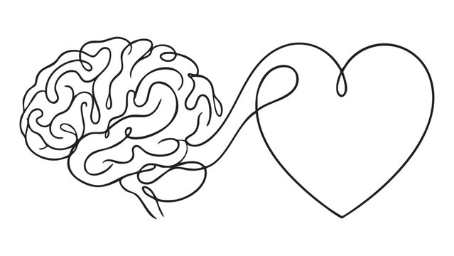 Minimalist Continuous Line Drawing of Human Brain Connected to Heart Symbol Representing Balance Between Logic and Emotion for Mental Health Awareness