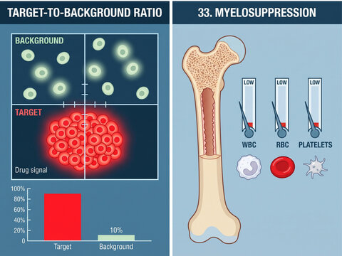 Medical chart depicts the target to background ratio of drug signals and illustrates myelosuppression with low counts of white blood cells and platelets.