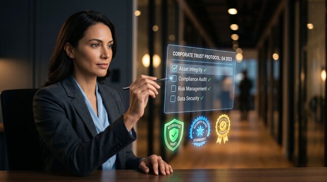 A focused woman uses a stylus to interact with a futuristic holographic display in a modern office environment.