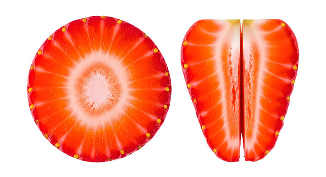Fresh red strawberry slices cut into round and vertical pieces showing juicy texture inside