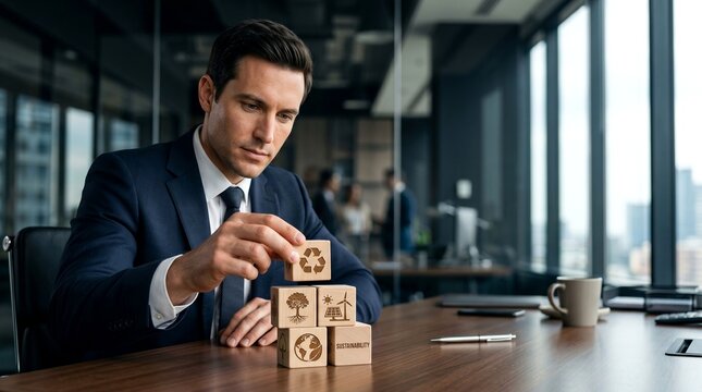 A focused businessman in a suit stacks wooden blocks with environmental symbols on a desk in a modern office.