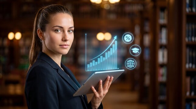 Confident young woman holding a digital tablet with a glowing bar graph and icons in a library.