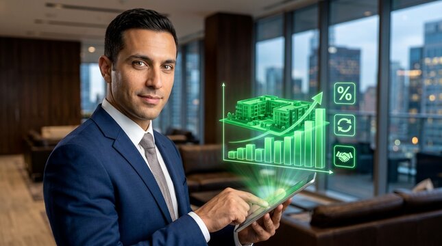Smiling man in a blue suit uses a digital tablet with a holographic real estate graph in an office.