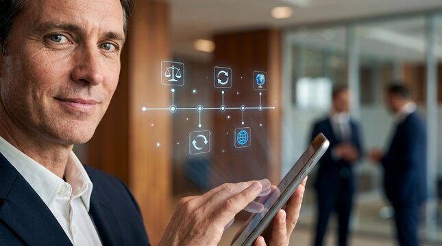 Smiling businessman uses a digital tablet with futuristic interface in a modern office with colleagues.