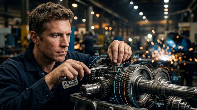 Concentrated man wearing a uniform working on a complex machine with gears in a busy factory setting.