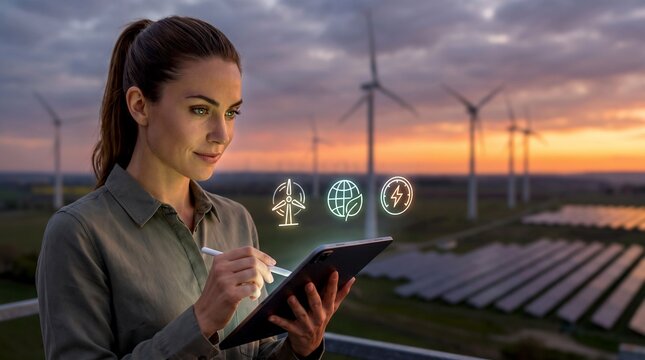 A smiling young woman uses a digital tablet with a stylus while standing near wind turbines and solar panels at sunset.