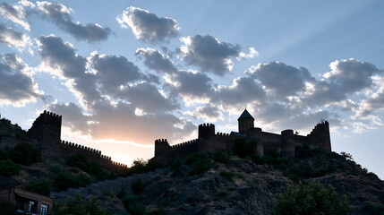 Obraz premium Dramatic Low Angle Silhouette of Narikala Fortress Against a Colorful Sky at Sunset