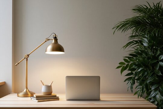 Minimal home office desk with laptop, books and desk lamp