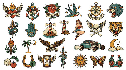 Obraz premium Vintage Tattoo Flash Sheet: Hearts, Anchors, Roses, Animals, Cars, Mythology