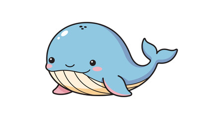 Friendly blue whale cartoon character with striped pink belly and flippers on white background isolated vector illustration. © SALEHA STOCK