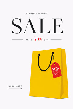 Commercial advertisement banner with half price discount offer,E-commerce shopping promotion flyer featuring a yellow retail bag, Clean retail marketing banner with 50% off special discount
