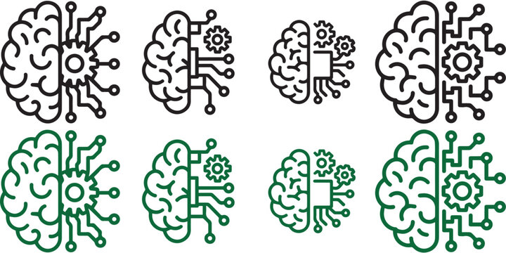 Artificial intelligence and machine learning concept icons set with human brain and digital circuit board gears