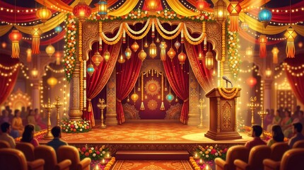 Fototapeta premium A traditional Indian wedding ceremony taking place in a grand hall adorned with vibrant decorations and traditional Indian elements.