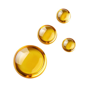 Gold glossy spheres on transparent background, abstract 3D
