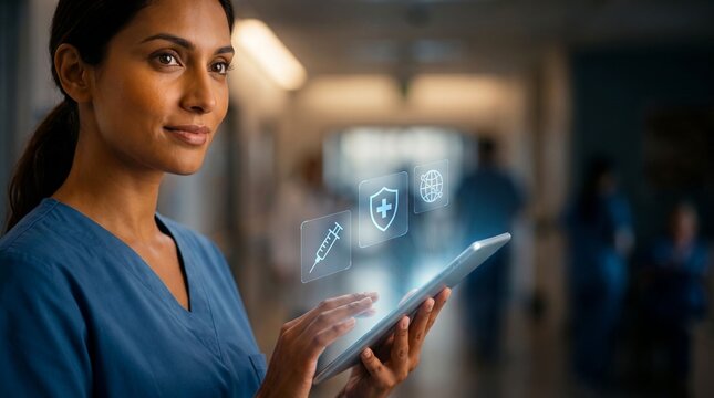 Smiling woman healthcare professional in blue scrubs using a digital tablet with medical icons in a hospital hallway.