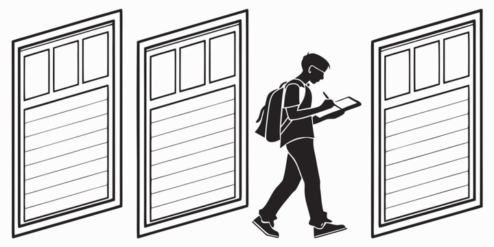 Man carrying stack of three white hardboard writing boards outdoors
