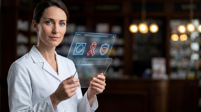 Confident female pharmacist in a lab coat holds a futuristic transparent tablet with health icons in a pharmacy