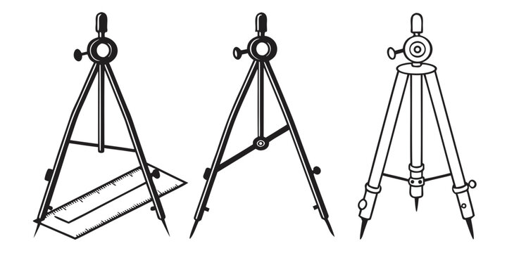 Set of three drafting tools: compass, protractor, and drafting triangles on white background, technical geometry