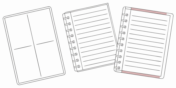 Set of four open spiral notebooks with lined pages on white background, lined paper blank pages stationery