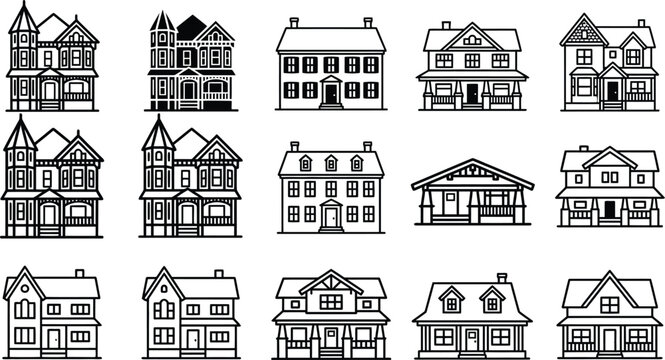 Set of One Hundred Twenty-Seven Detailed Victorian and Traditional Residential House Silhouettes Architectural Building Home Icons Vector Illustration for Real Estate Design Graphics